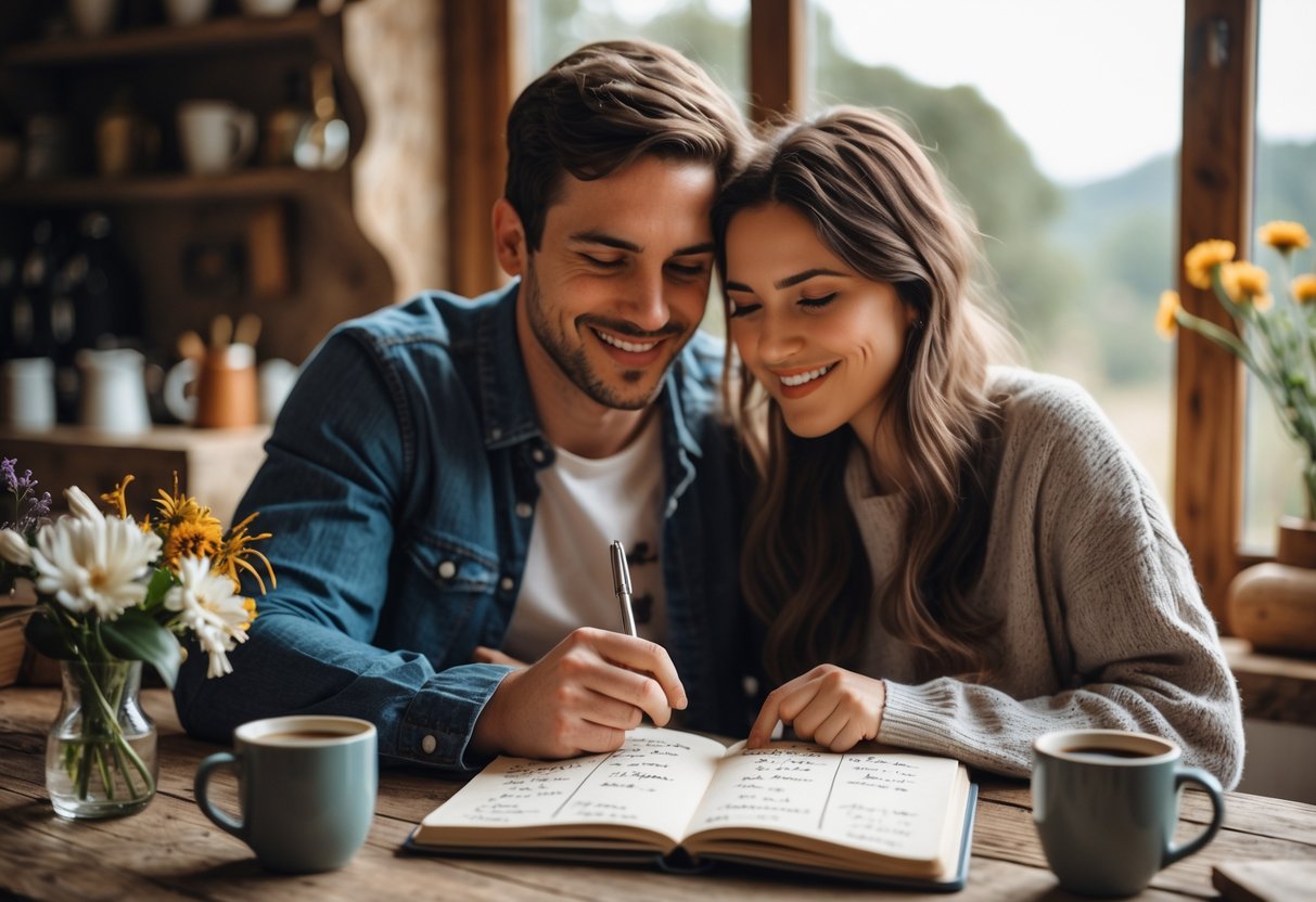 A couple sitting at a wooden table looking at an open journal together, planning date ideas in a cozy room.