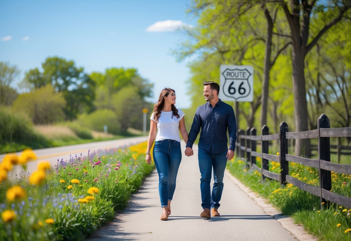 A couple walking hand in hand along a green trail with wildflowers under a clear sky.
