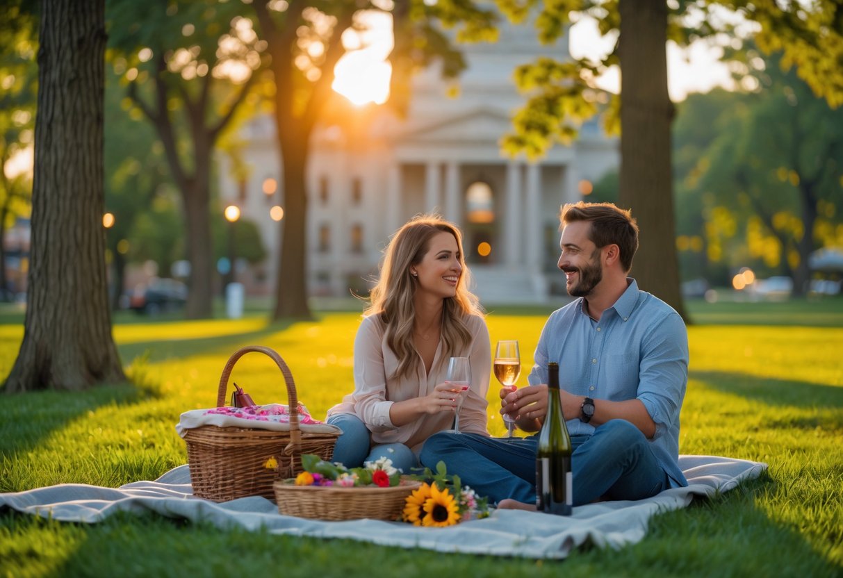 A couple enjoying a picnic together in a green park with trees and a city building in the background.