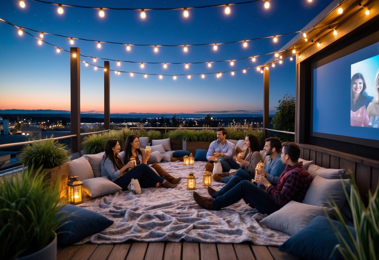 Couples watching a movie on a rooftop at dusk with city skyline in the background and string lights overhead.