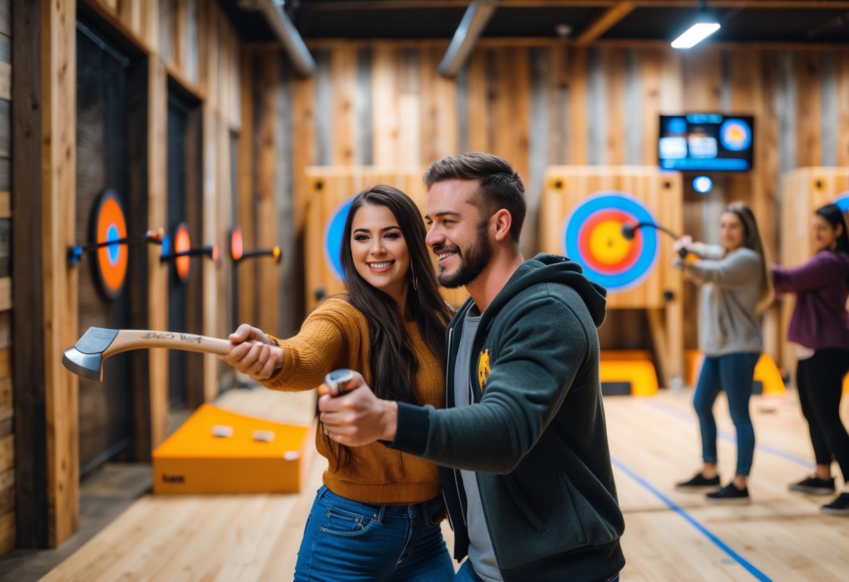 A young couple throwing axes at wooden targets inside an indoor axe throwing venue.