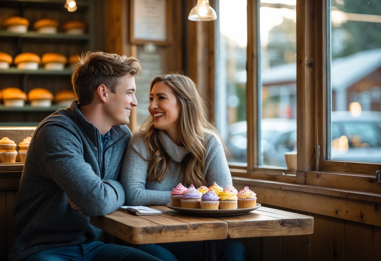 A young couple sitting at a table in a bakery enjoying cupcakes together.