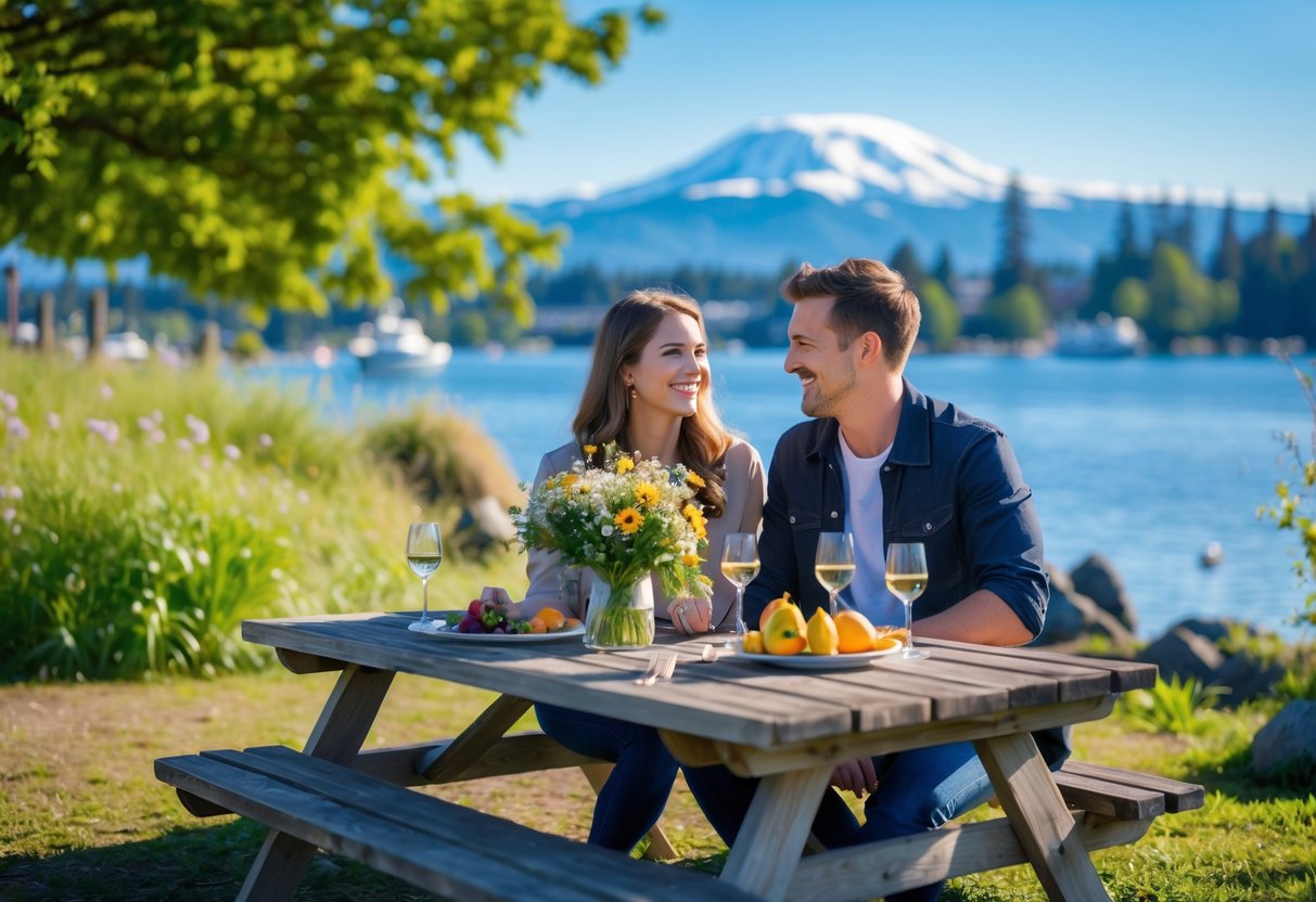 A young couple sitting at a picnic table near the waterfront with mountains and greenery in the background, enjoying a relaxed outdoor date.