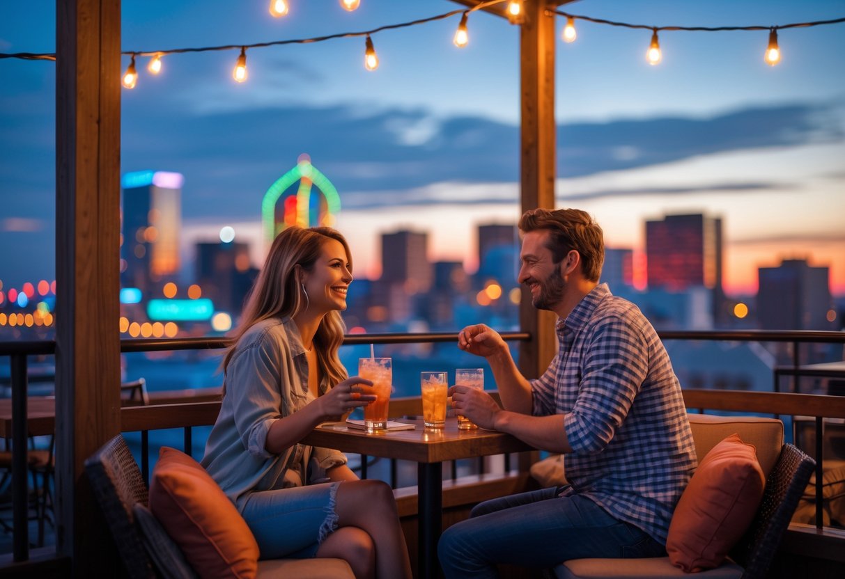 A young couple enjoying drinks together at a rooftop bar with the Nashville city skyline visible in the background at dusk.