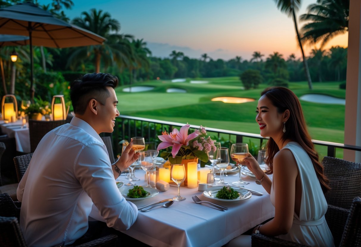 A couple enjoying an elegant outdoor dinner at a resort surrounded by tropical greenery and golf course views during the evening.