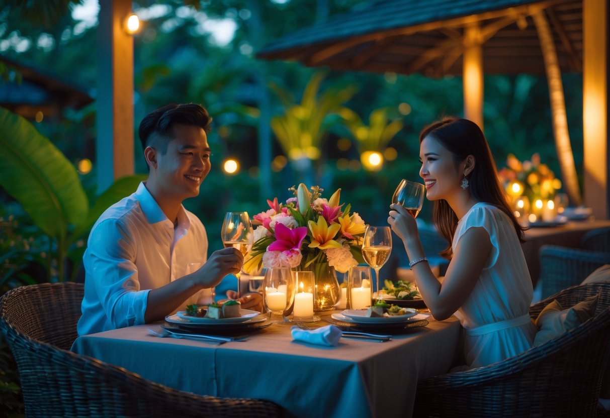 A couple enjoying a romantic outdoor dinner at a table surrounded by tropical plants in the evening.