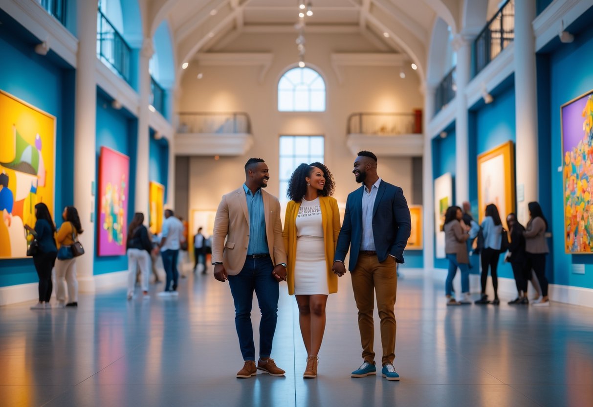 A couple admiring artwork inside an art museum with other visitors around them.