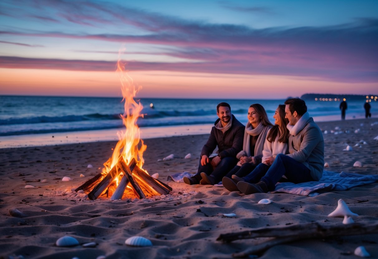 Couples sitting around a glowing bonfire on a sandy beach at sunset with waves in the background.
