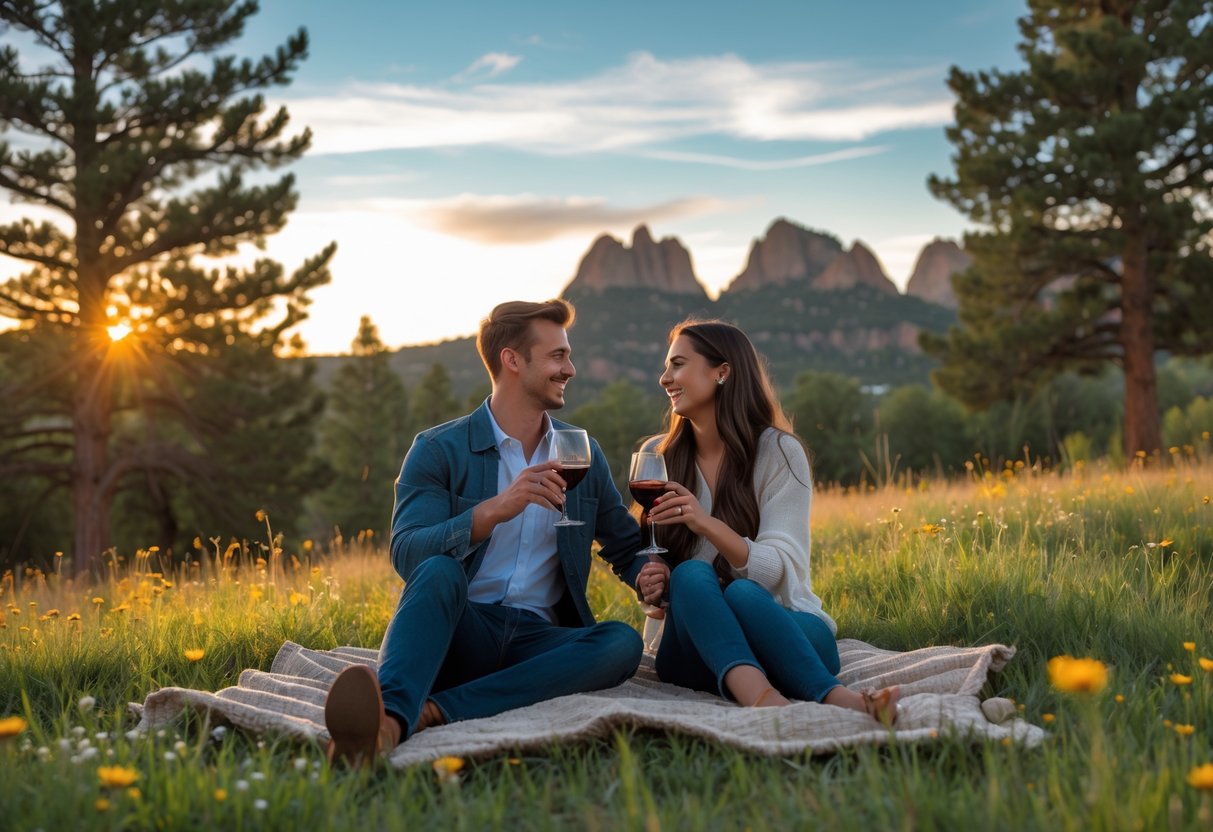 A young couple having a picnic outdoors with the Flatirons rock formations in the background at sunset.