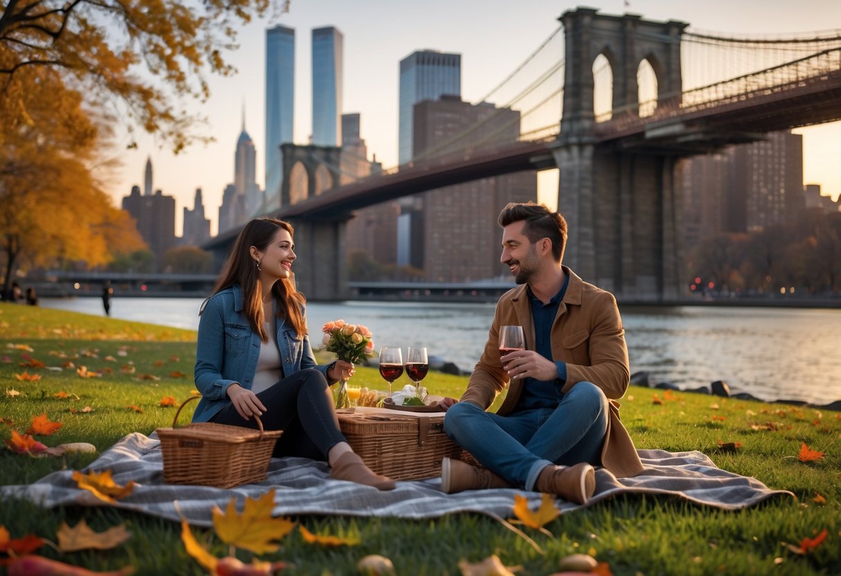 A young couple enjoying a picnic in a Brooklyn park with the Brooklyn Bridge and Manhattan skyline in the background during sunset.