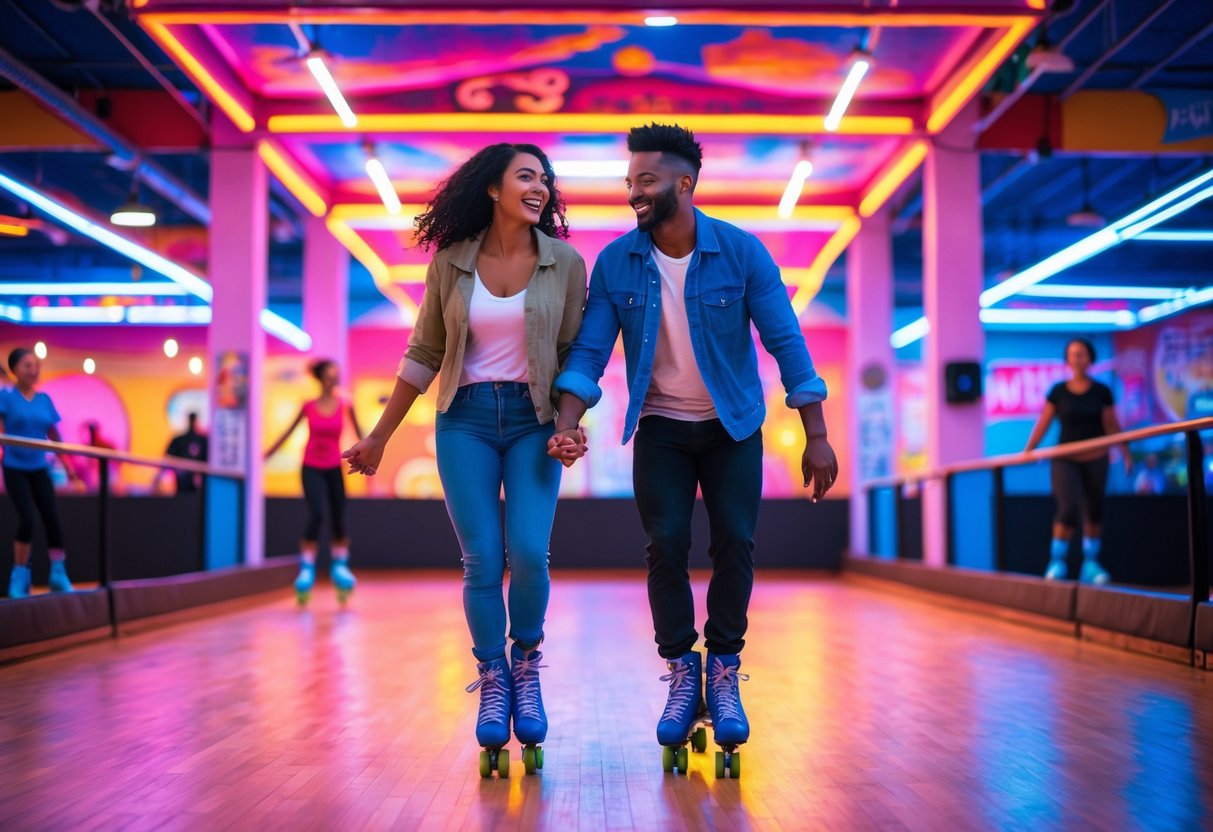 A couple roller skating together inside a brightly lit roller rink with colorful lights and other skaters in the background.