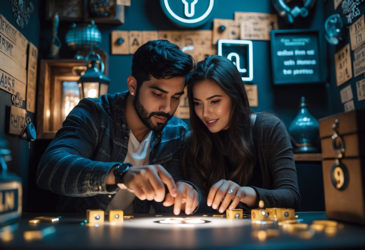 A young couple working together to solve puzzles in an escape room.