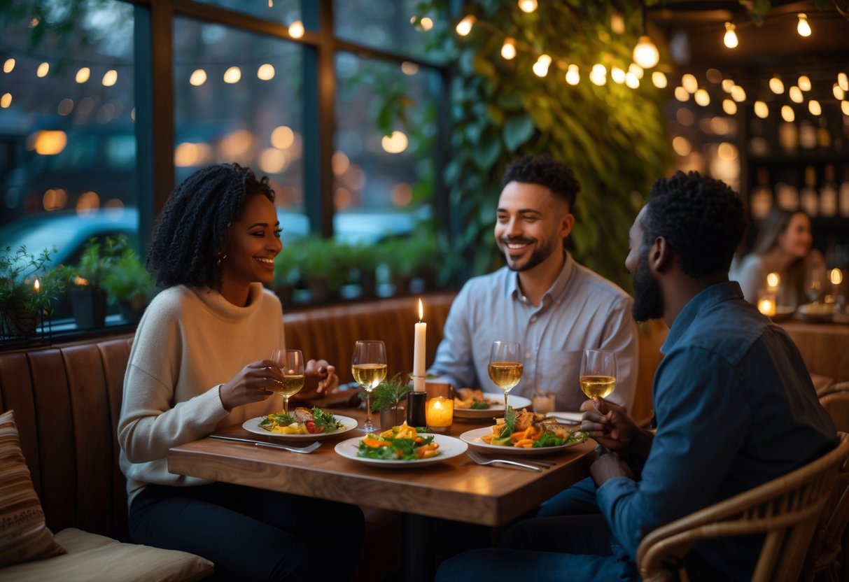 A couple enjoying a cozy dinner at a small table with candlelight and greenery in a warm restaurant setting.