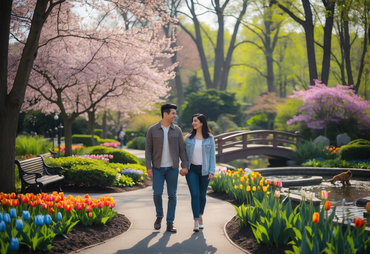 A young couple walking hand-in-hand along a garden path surrounded by blooming flowers and trees at the Brooklyn Botanic Garden.