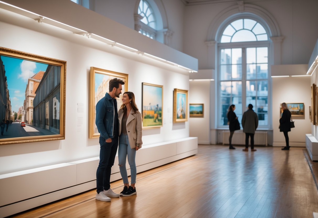 A young couple looking at paintings inside a bright art gallery with large windows and wooden floors.