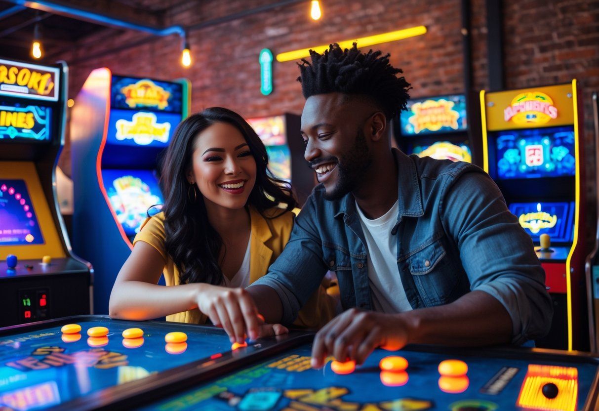 A young couple playing arcade games together inside a lively barcade in Brooklyn.