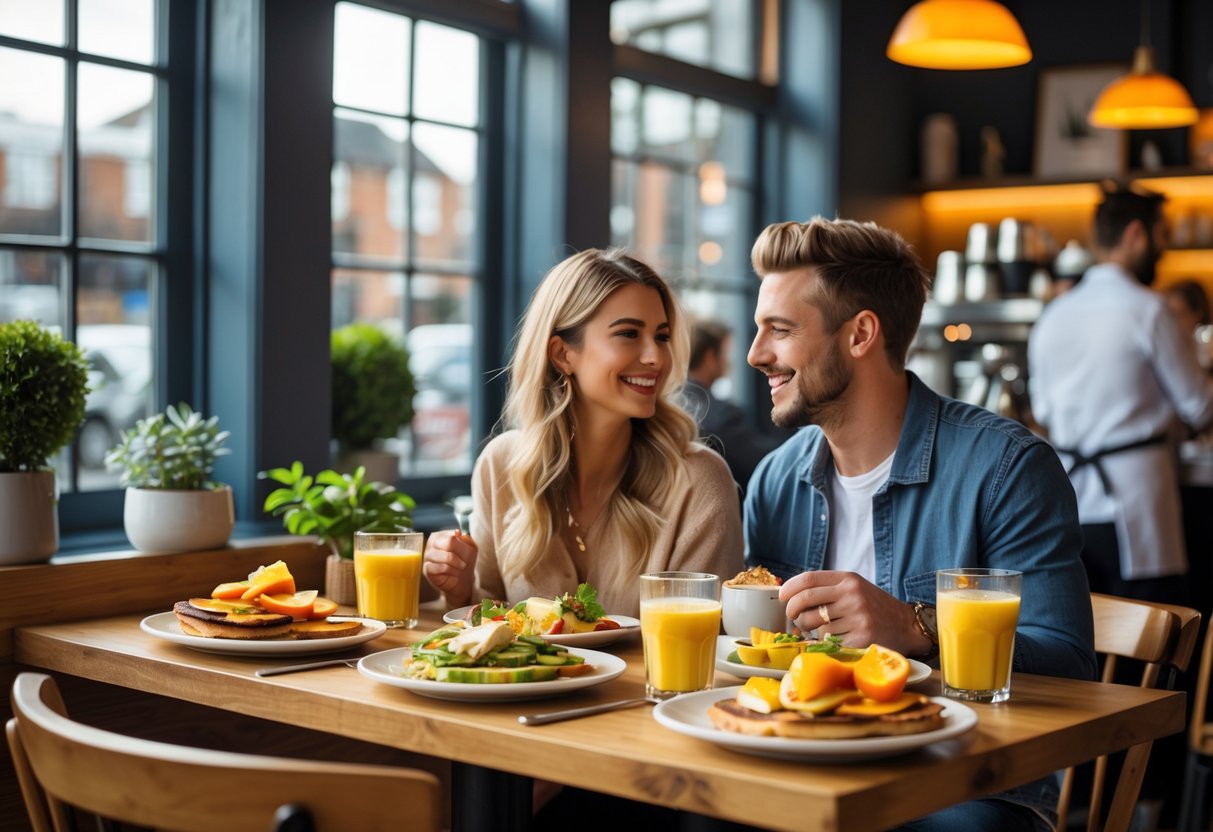 A young couple enjoying brunch together at a bright café with plates of food on the table.