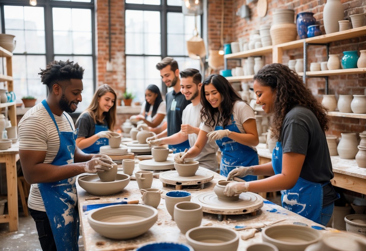 People making pottery together in a bright Brooklyn workshop with clay, pottery wheels, and shelves of finished ceramics.