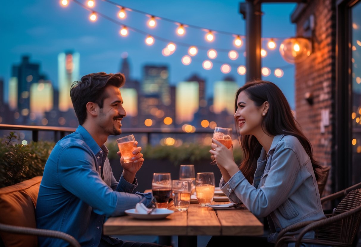 A young couple enjoying a romantic evening outdoors in Brooklyn with city lights in the background.