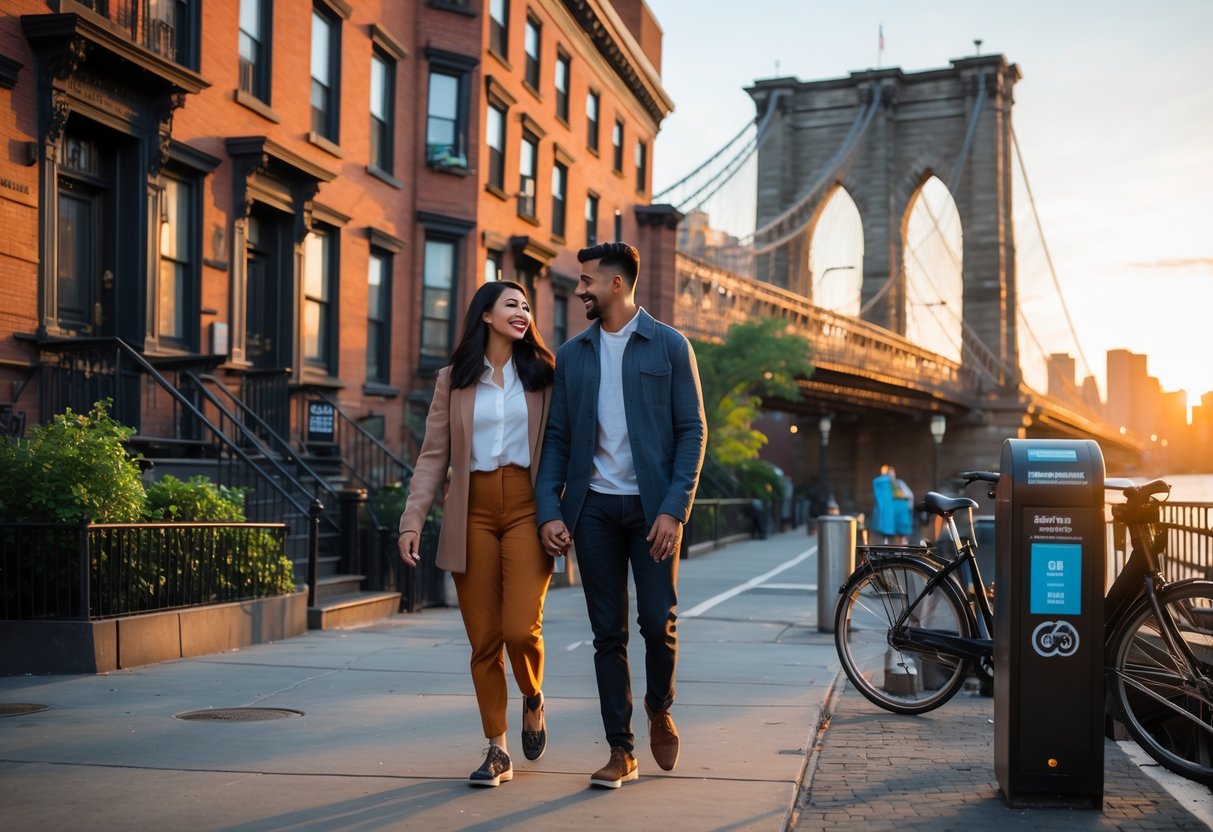 A young couple walking along a Brooklyn street with brownstone buildings and the Brooklyn Bridge in the background, enjoying their time together.