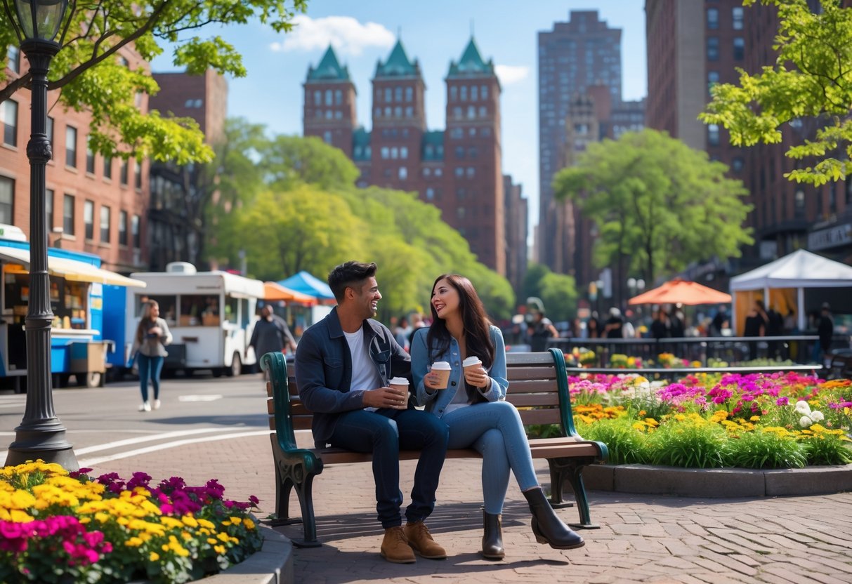 A young couple sitting on a bench in a Bronx park, enjoying coffee and smiling with buildings and trees around them.