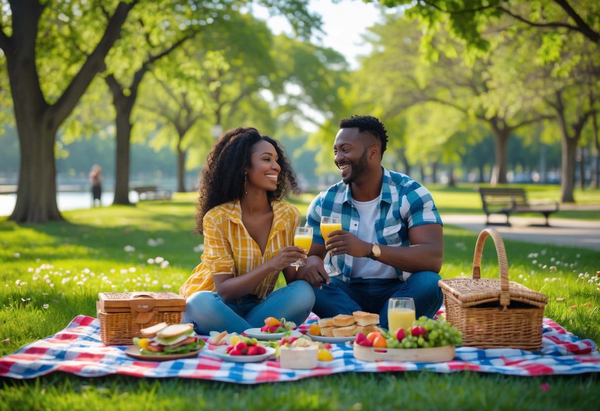 A young couple having a picnic on a blanket in a green park surrounded by trees and flowers.