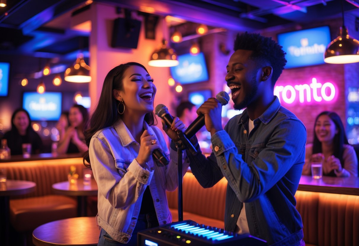A young couple singing on stage at a karaoke lounge with people enjoying drinks and socializing in the background.