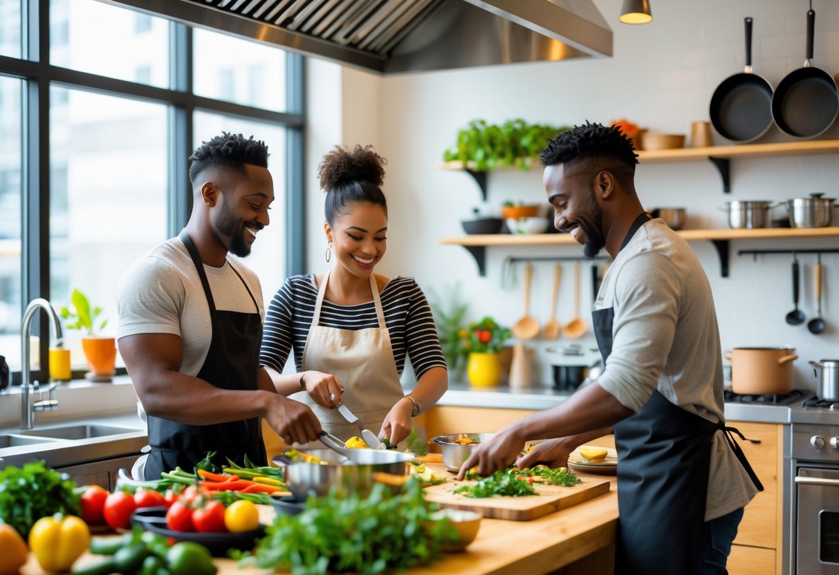 A couple cooking together in a bright, modern kitchen, preparing fresh ingredients at a wooden countertop.