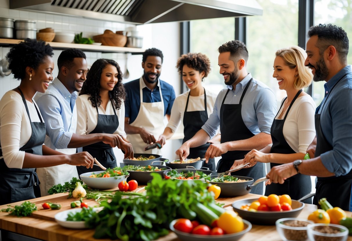 A group of people cooking together in a bright kitchen classroom, preparing food and smiling.