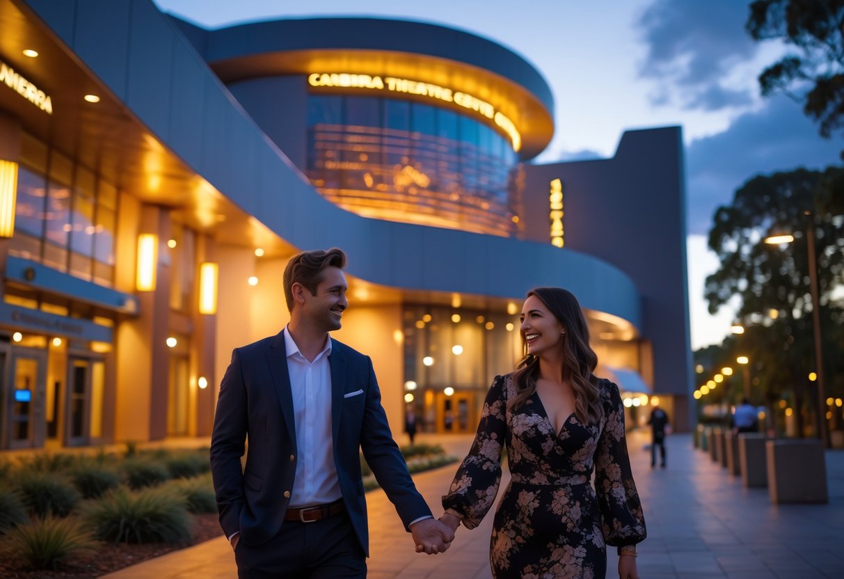A couple holding hands and walking towards the entrance of the Canberra Theatre Centre at twilight.