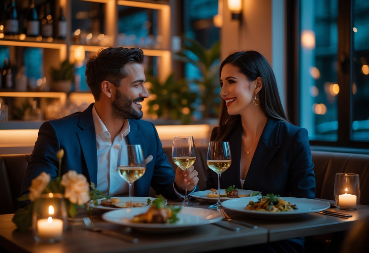 A couple enjoying a romantic dinner at a modern restaurant with warm lighting and elegant decor.
