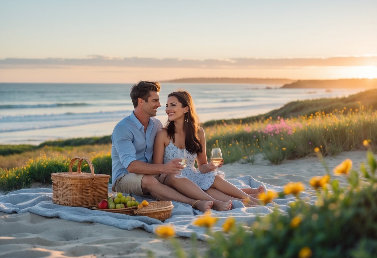 A young couple sitting on a picnic blanket by the beach at sunset, enjoying a romantic moment together.