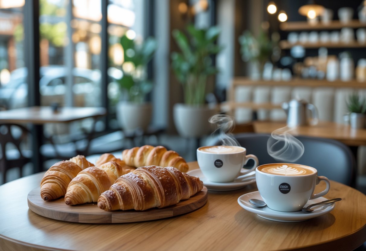 A table with coffee cups and assorted pastries in a cozy café setting.