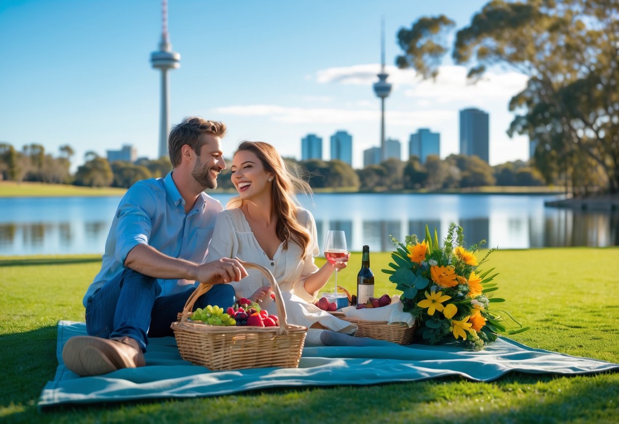 A young couple having a picnic on a grassy lawn with a lake and city skyline in the background.
