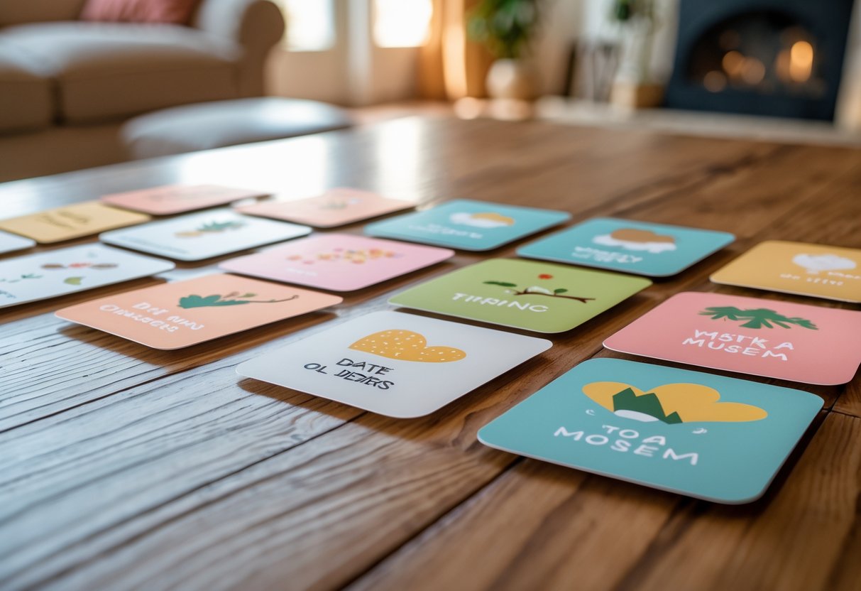 A set of colorful date ideas cards spread out on a wooden table with a cozy living room in the background.