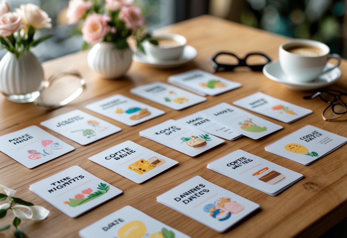 A collection of date ideas cards arranged on a wooden table with a cup of coffee, flowers, and reading glasses nearby.