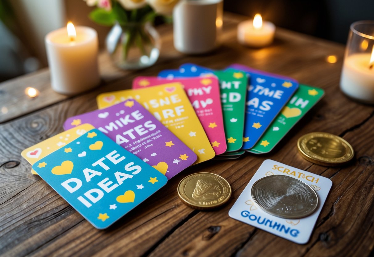 A wooden table with colorful date idea cards and a scratch-off game card next to a gold coin, set in a warm living room with candles and flowers.