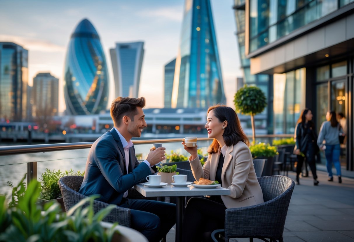 A young couple enjoying coffee together at an outdoor café in Canary Wharf with tall modern buildings and waterfront in the background.