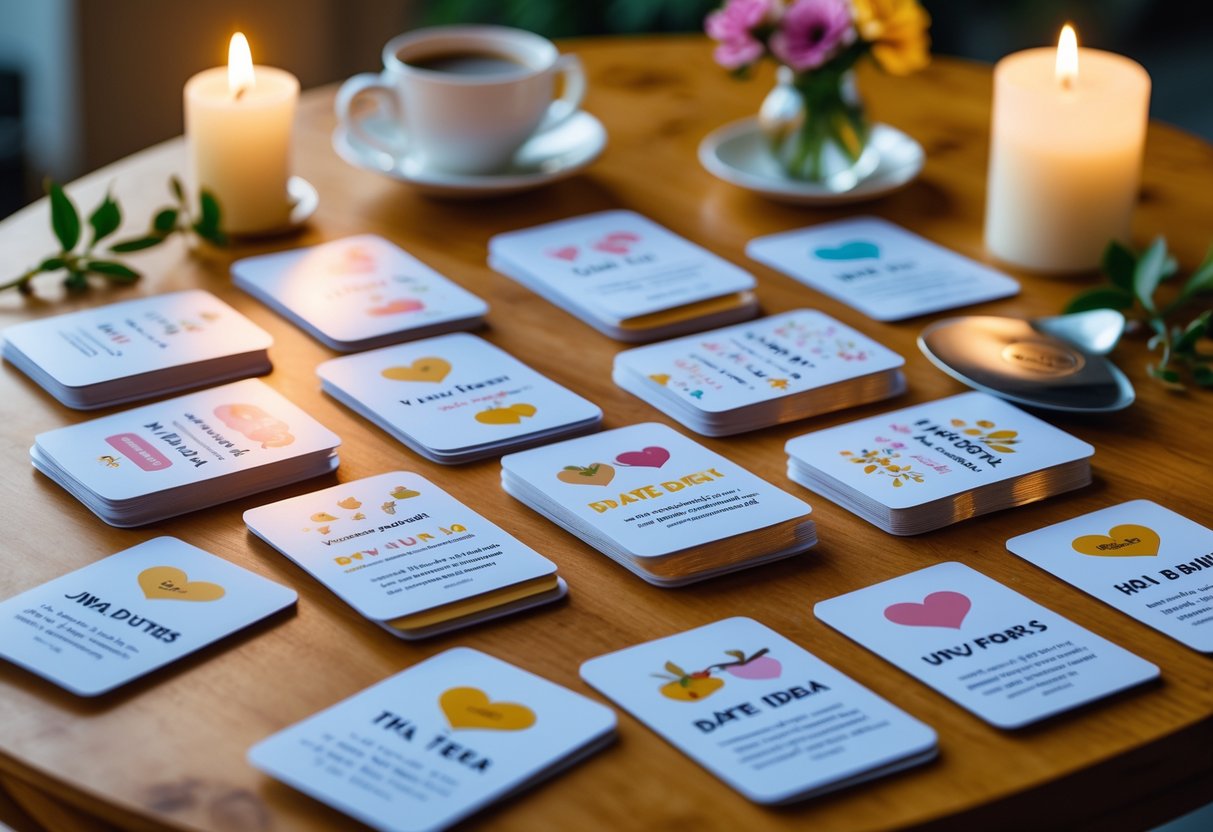 A collection of colorful date idea cards spread out on a wooden table with a candle, flowers, and a cup nearby.