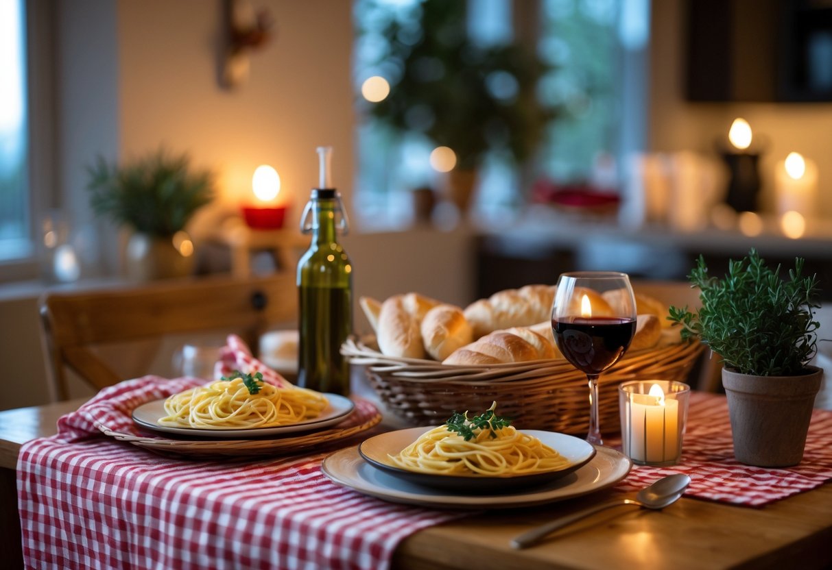 A cozy dining table set for an Italian-themed dinner night with pasta, bread, wine, and candles creating a warm and intimate atmosphere.