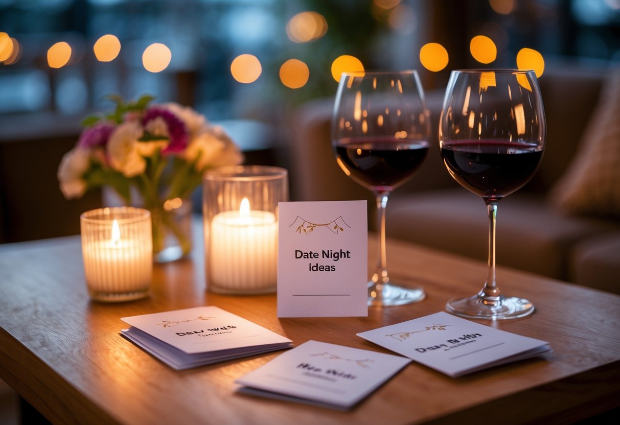 A cozy table setup with date idea cards, wine glasses, flowers, and warm ambient lighting creating a romantic atmosphere.