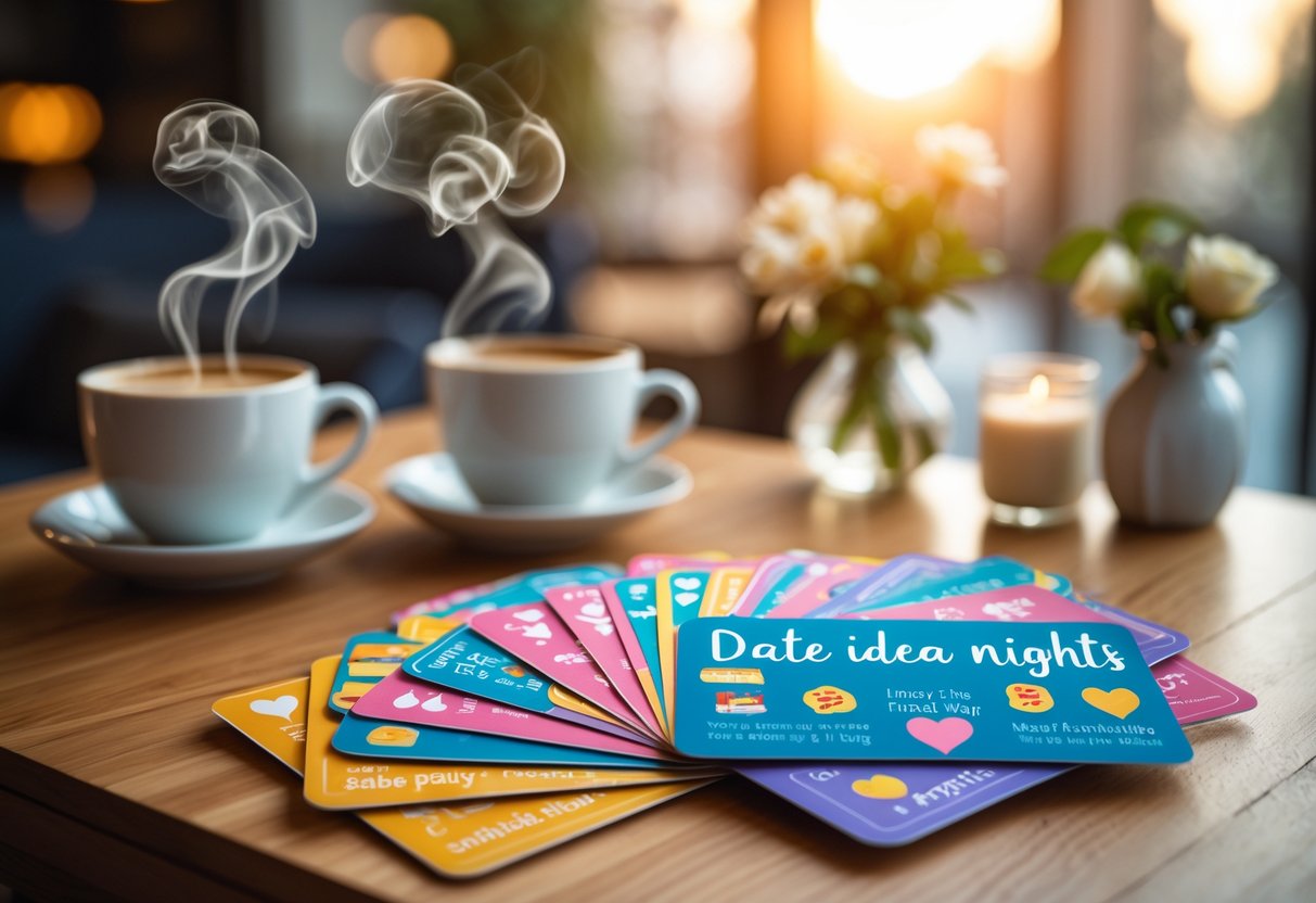 A cozy table with colorful date idea cards spread out, two coffee cups, and a small vase with flowers in a warm, inviting setting.
