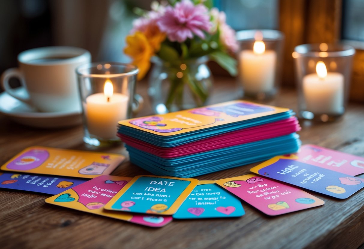 A stack of colorful date idea cards on a wooden table surrounded by candles, flowers, and two glasses, creating a cozy and romantic atmosphere.