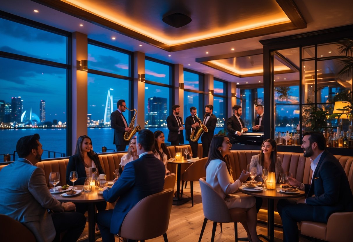 People enjoying live jazz music at a stylish bar with a jazz band playing and city lights visible through large windows.