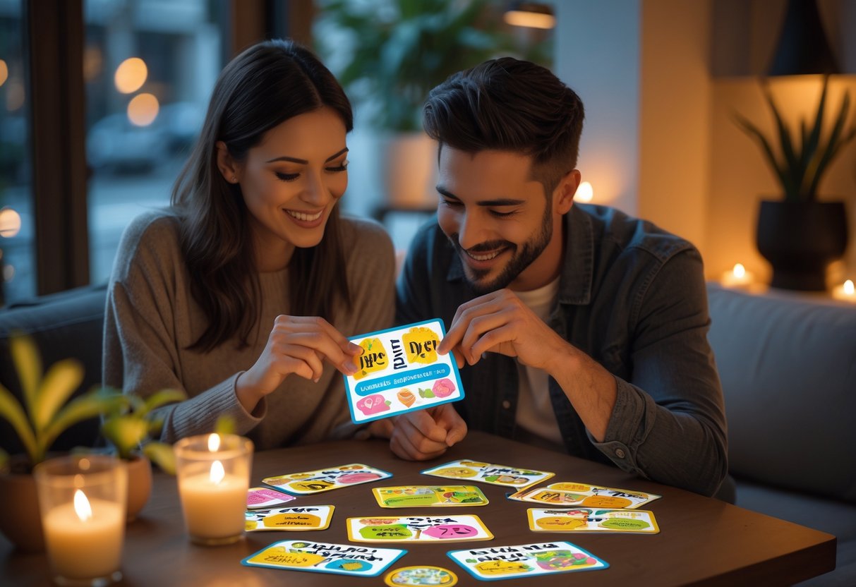 A couple sitting at a table scratching off date idea cards, smiling and enjoying their time together in a cozy setting.