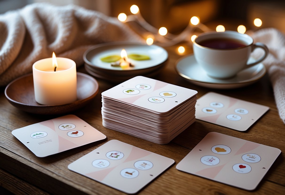 A cozy indoor scene with a stack of date idea cards on a wooden table surrounded by a lit candle, a cup of tea, and soft lighting.