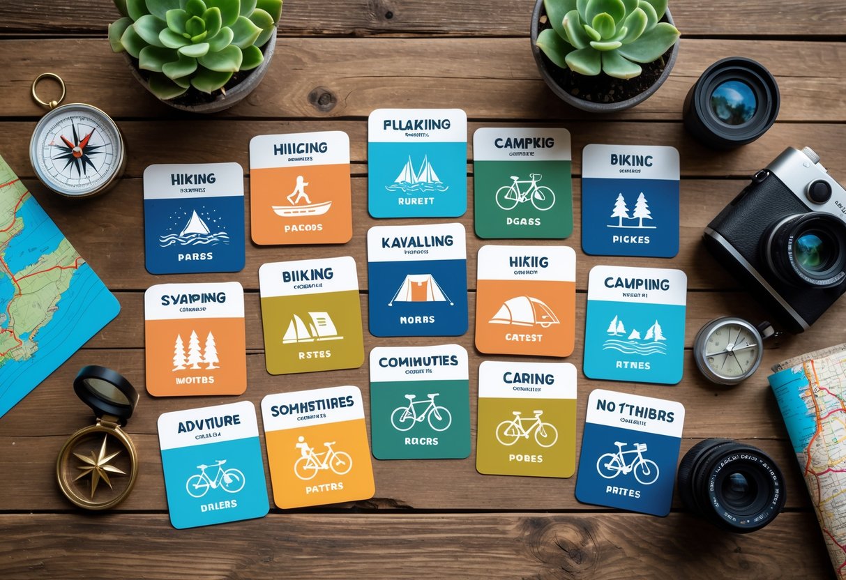 Flat lay of colorful adventure-themed date idea cards with outdoor activity icons and related props on a wooden table.