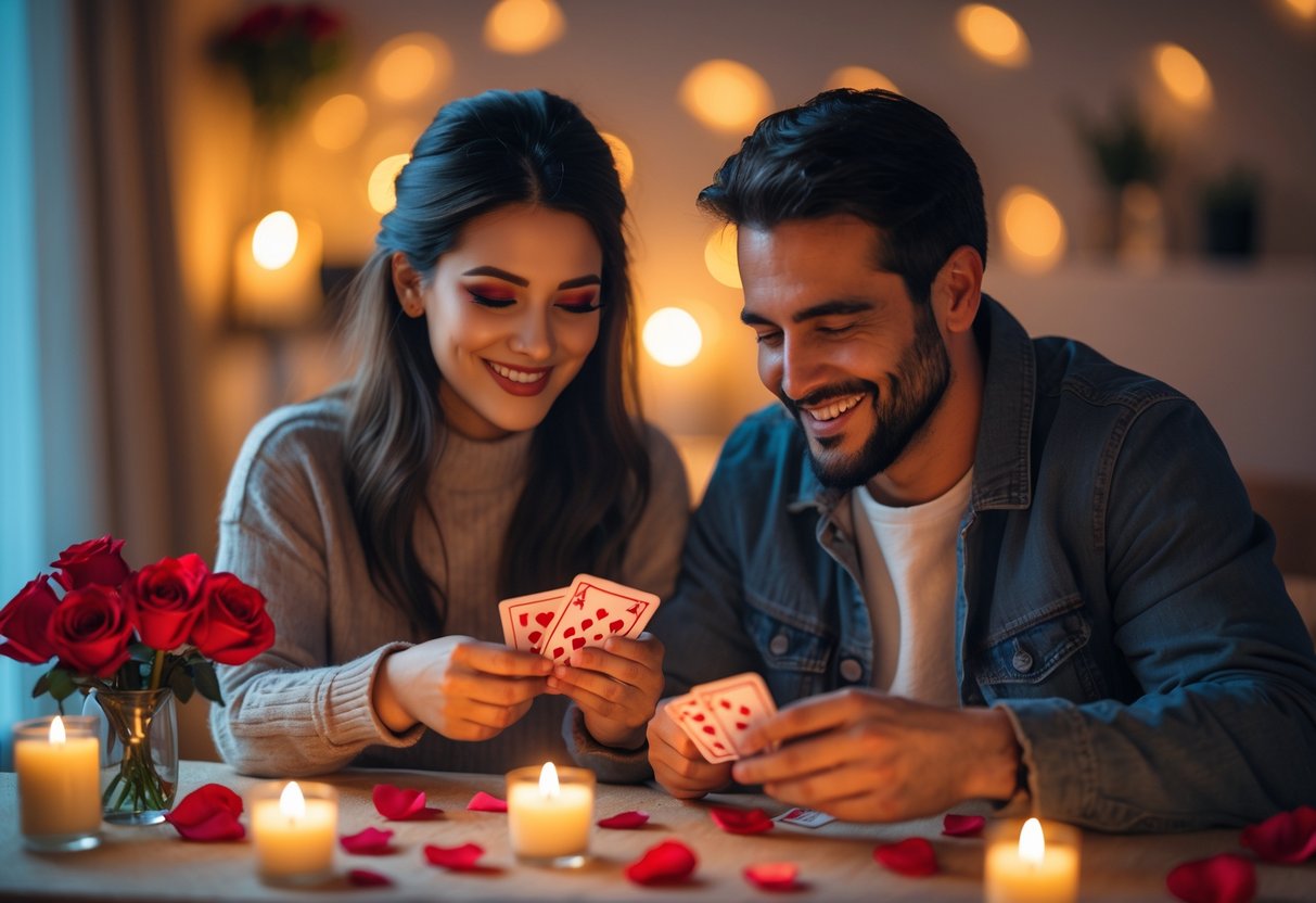 A couple sitting at a table playing card games together, smiling and enjoying each other's company with romantic decorations around them.