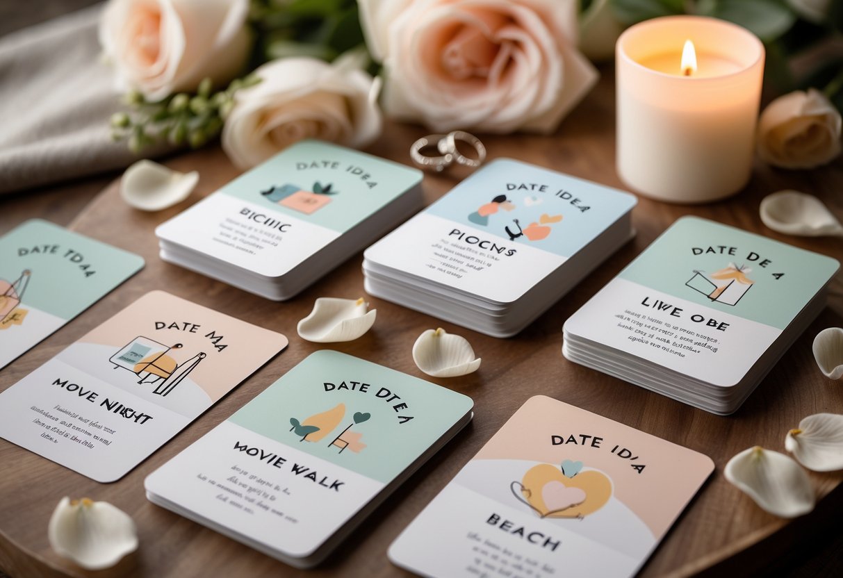 A table with date idea cards surrounded by wedding rings, flower petals, and a candle.