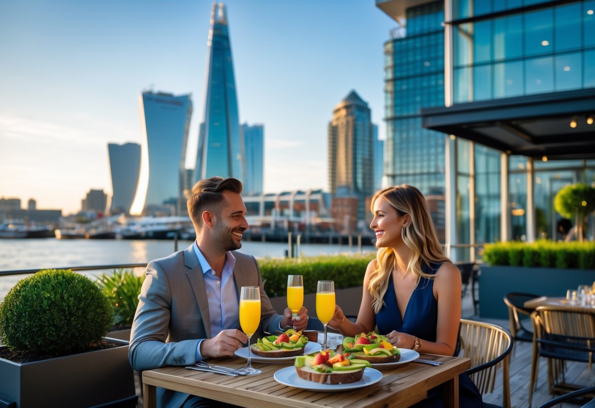 A couple enjoying brunch together at an outdoor restaurant terrace with the Canary Wharf skyline in the background.